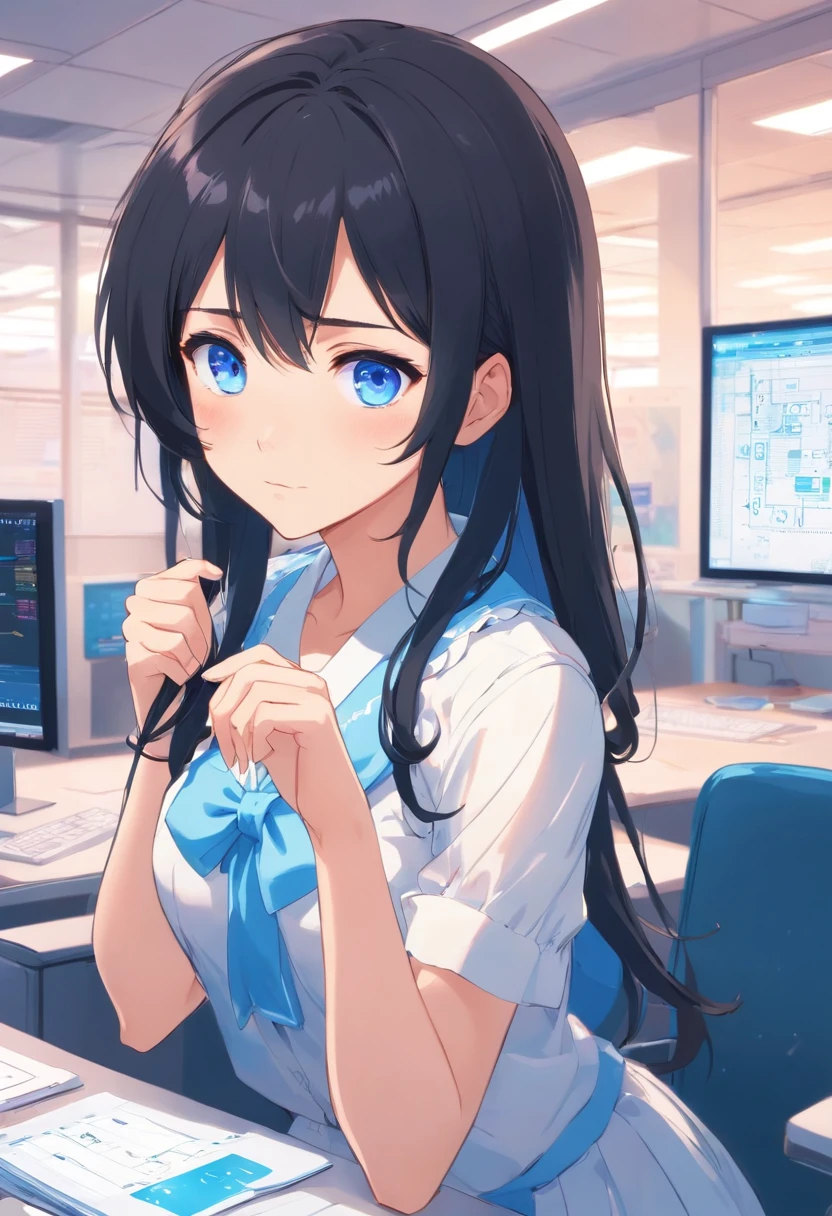 Black hair, Long hair, Blue eyes，White Lolita，Beth，office, monitor