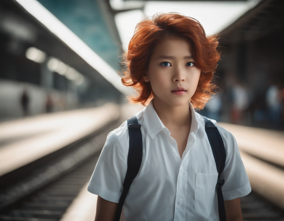 (best quality),(masterpiece), (extremely detailed 8K wallpaper),ultra-detailed,cinematic lighting, detailed light, best shadow, dyanamic angle, from down, train station, train, signal light, 1boy, leonard dung, red hair, aqua eyes, earring, single horn, strip mark on face, shone, white shirt,, detailed face, detailed reflctive eyes, beautiful eyes, extremely deatiled face,reflective hair,