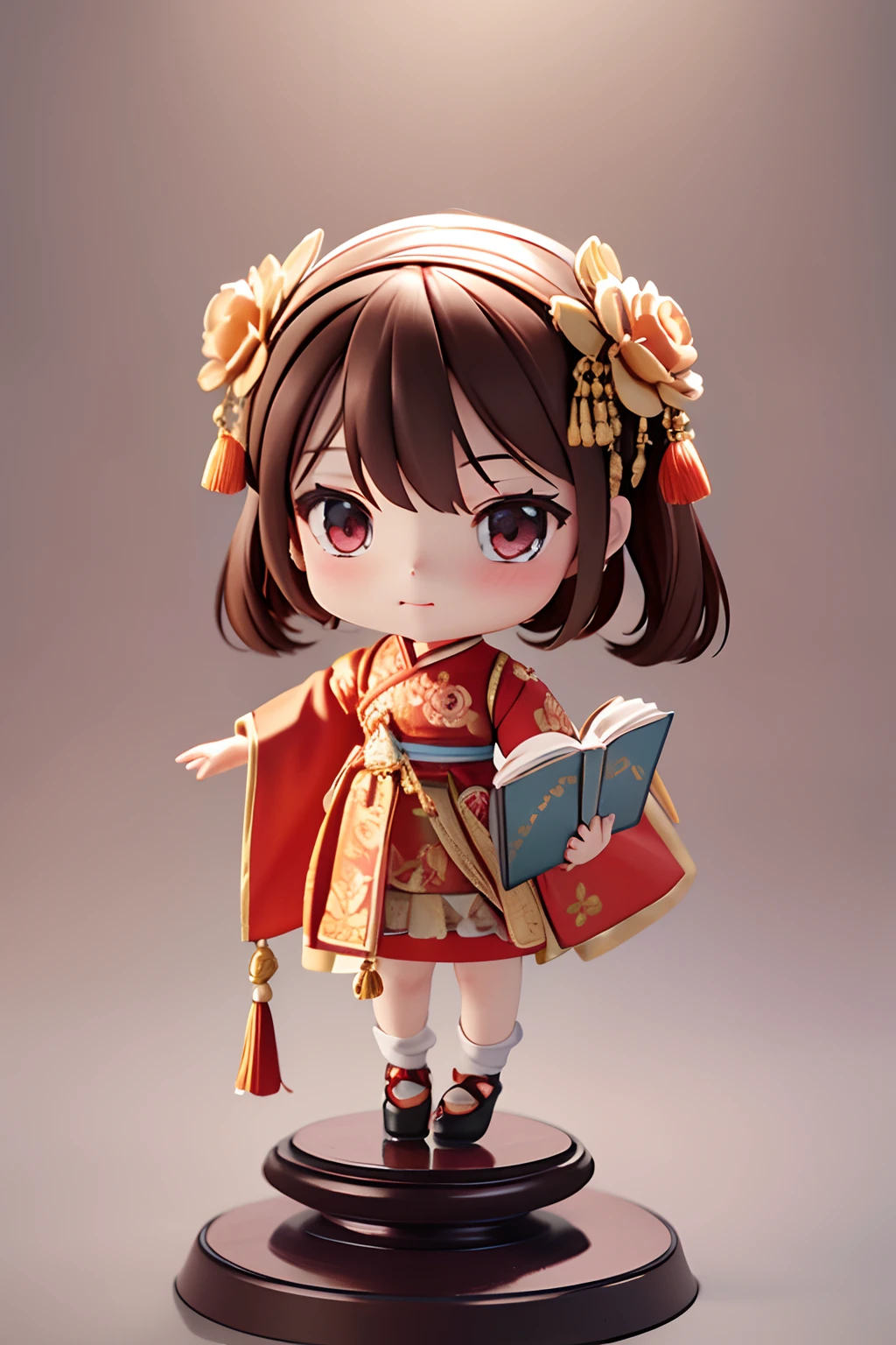 a super cute little girl IP by POP mart, chibi, brown hair, a bun, flower inlay on forehead, holding an open book, tassel decoration, chinoiserie, chinese clothes, cute pose, with sparkling eyes best qulity, clay material, full body, clean background,... studio light, ultra-detail, 3d, c4dblender, oc renderer, ultra hd, 3d rendering, model, blind box toy, smooth and detailed, clean background, 3d rendering, extreme detail, 8k, extreme clarity, highly sharpened, ray tracing, particle effects, studio lighting, the Rembrandt effect, HD quality, HD colour contrast