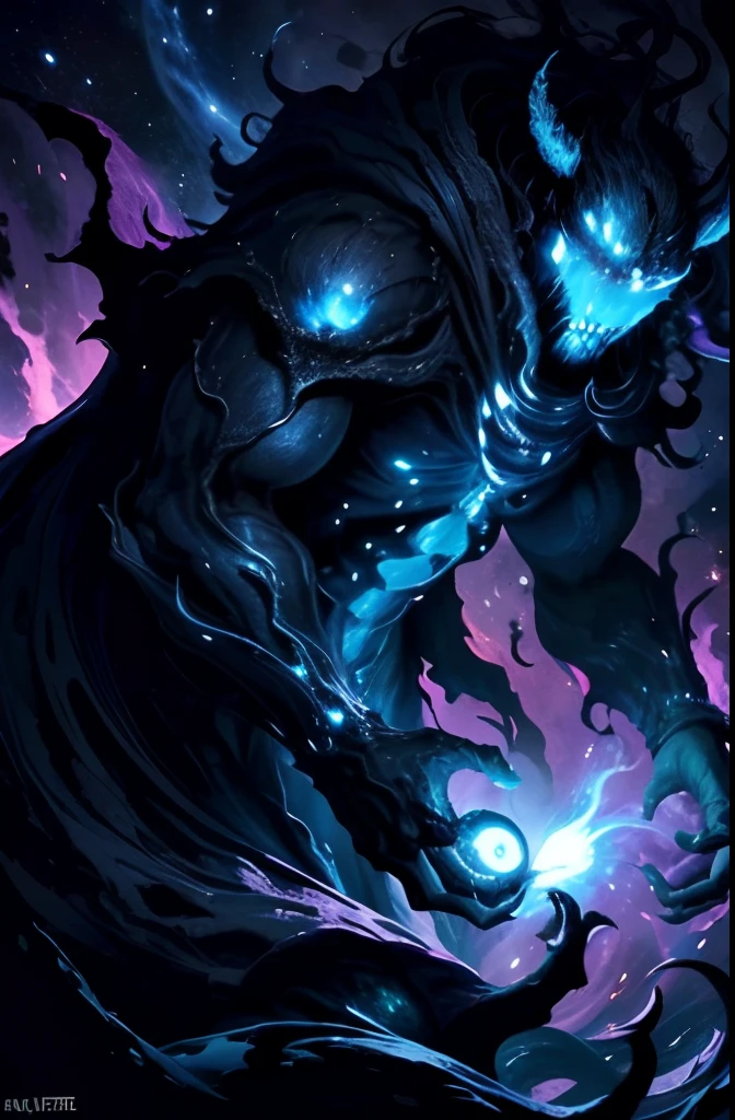 nebula, many stars, black hole monster, big monster that absorbs light, pure darkness monster, long dark claws, high contrast