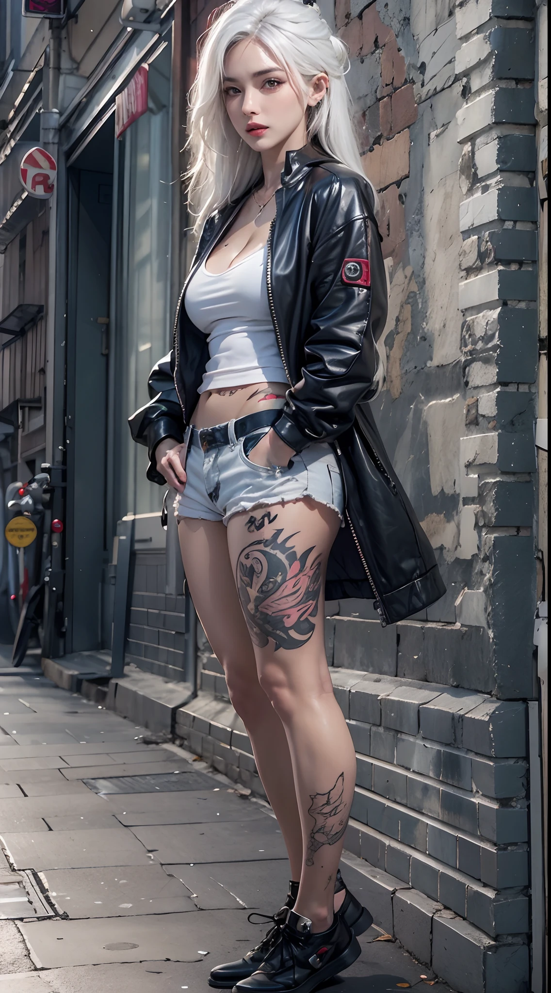 photorealistic, high resolution, 1women, mature female, solo, hips up, long hair, street wear, tattoo, white hair
