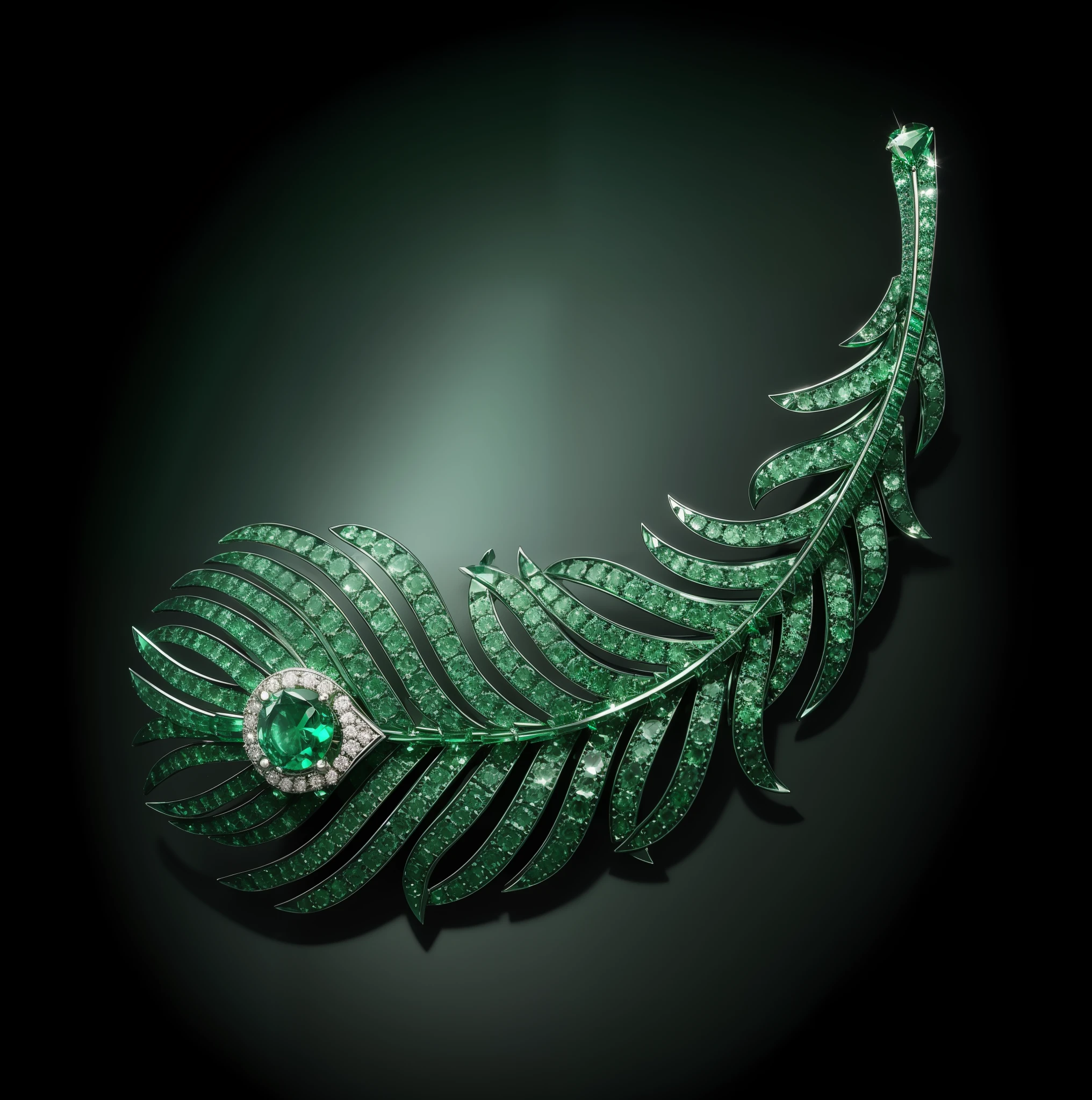 Round cut emerald feather brooch，Set with green tsavorite、diamond，Color titanium process，White background image，photography of