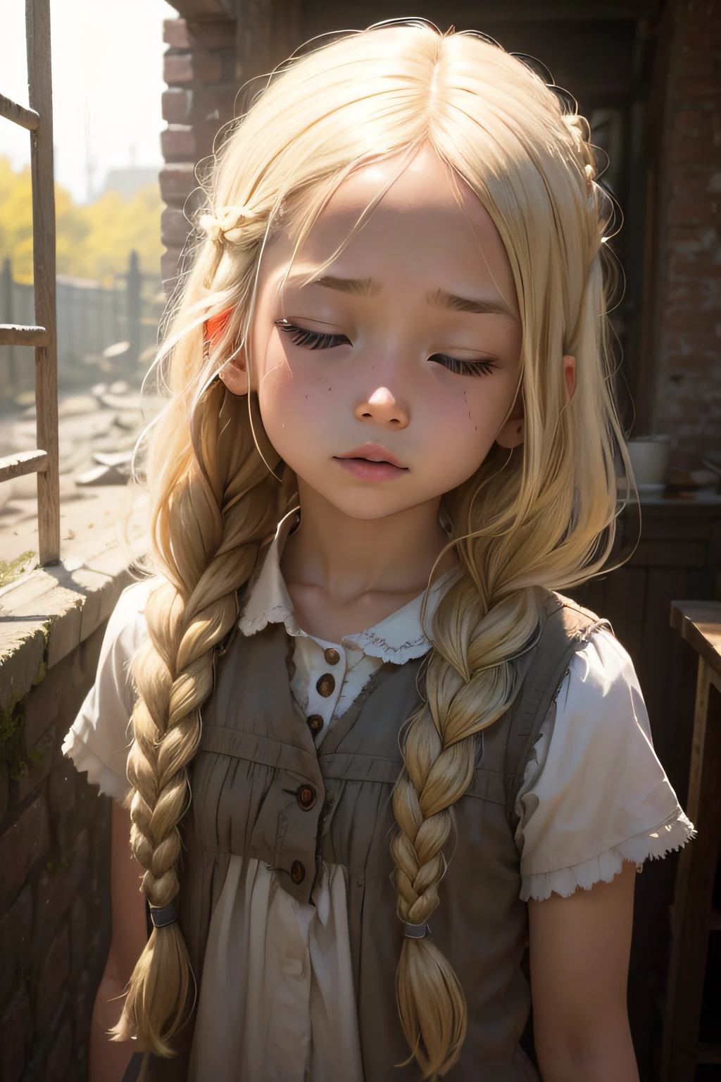 small girl with long plait blond hair and Light skin , close eyes , ruined place