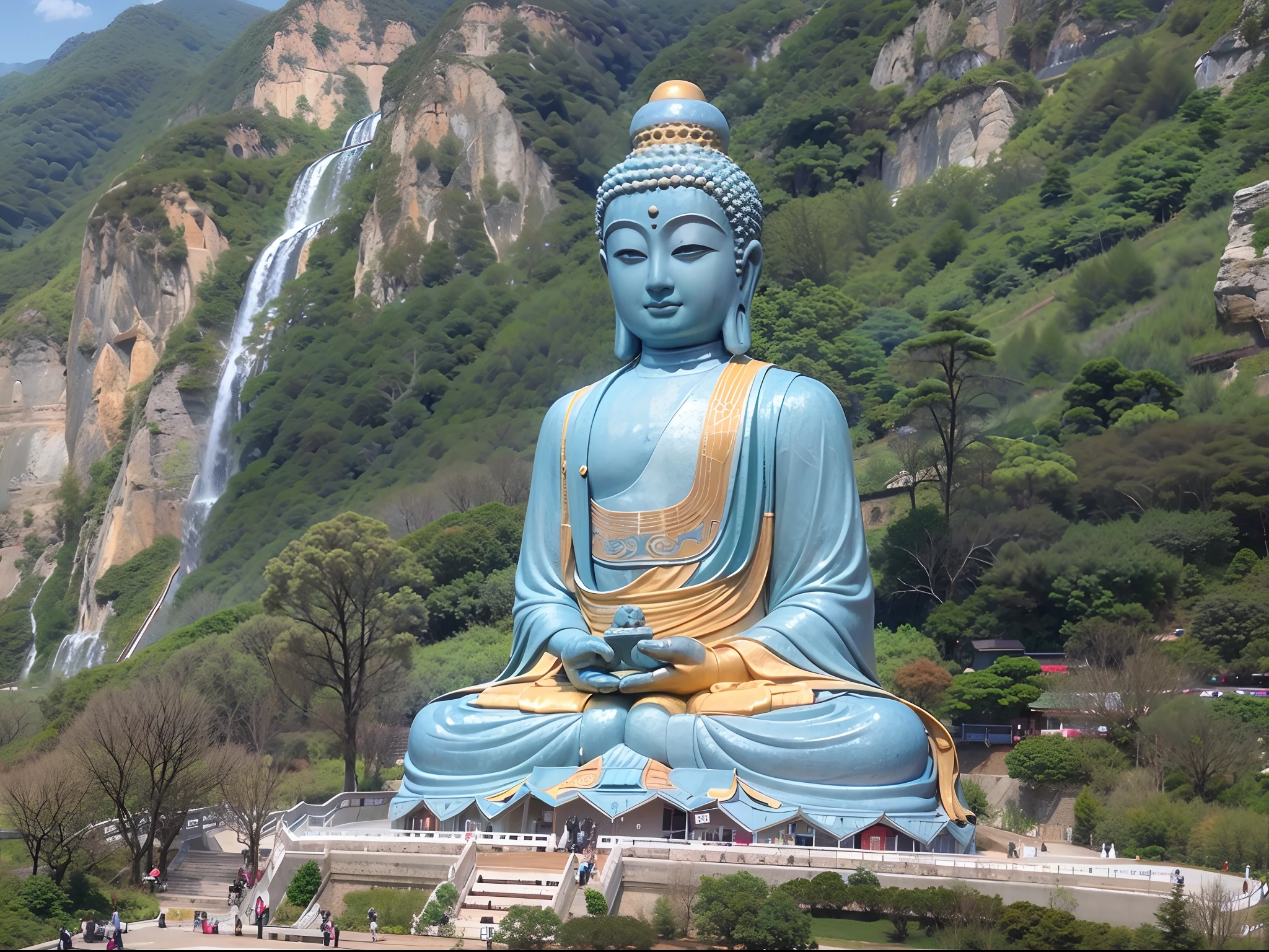 （vale，The blue sky hangs high overhead，There is an atmosphere of mystery in the silence。A huge Buddha statue，It stands on a ridge，It seems to be one with the sky。The Buddha statue is hundreds of feet tall，It has a majestic and majestic appearance，The entire body is made of huge stones。The outline of the Buddha statue is clearly visible，The Buddha statue clasped his hands together，A compassionate smile:1.5），（Follow the mountain road leading to the Buddha statue，You will see people who come on pilgrimage。They wear white traditional clothing，Holding a rosary，The steps are reverent and firm。They are firmly on this path，Each step symbolizes their dedication and dedication。In a small pavilion by the side of the road，You see an ascetic。He wore an ordinary cassock，Close your eyes and meditate religiously。Years of practice，Left a mark of time on his face，But his gaze was filled with wisdom and serenity，He practiced asceticism every day:1.5），（Set against the backdrop of Mount Wutai in China:1.2），（真实感:1.4），（best qualtiy:1.0），（超高分辨率:1.0），8K，RAW photos，（tmasterpiece:1.2），ultra - detailed