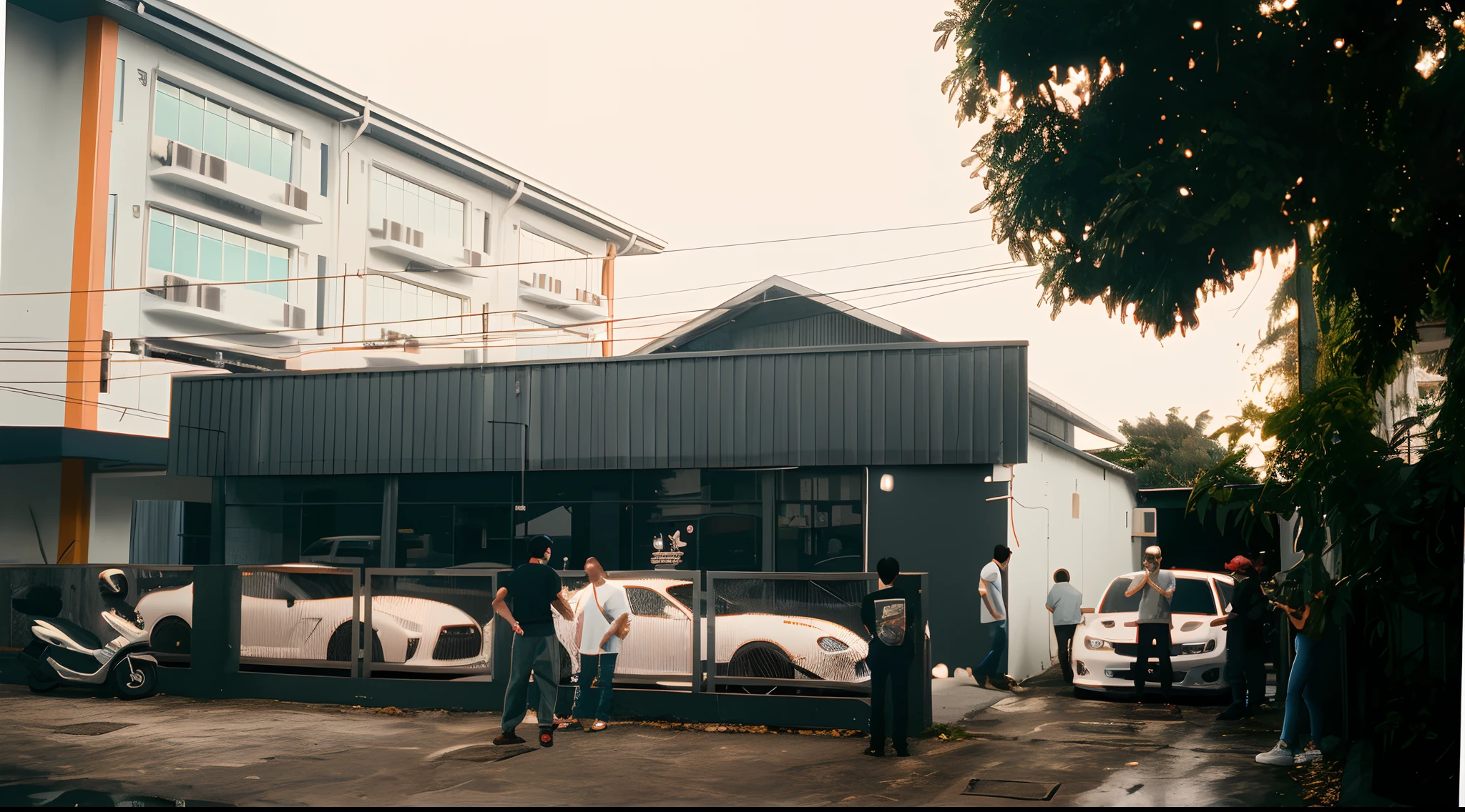people standing outside of a building with cars parked in front of it, shot on leica sl2, shot on sony a 7, grainy low quality, shot in 35mm, shot on 35 mm, shot on 35mm, shot from the side, shot on 3 5 mm, in front of a garage, shot on nikon z9