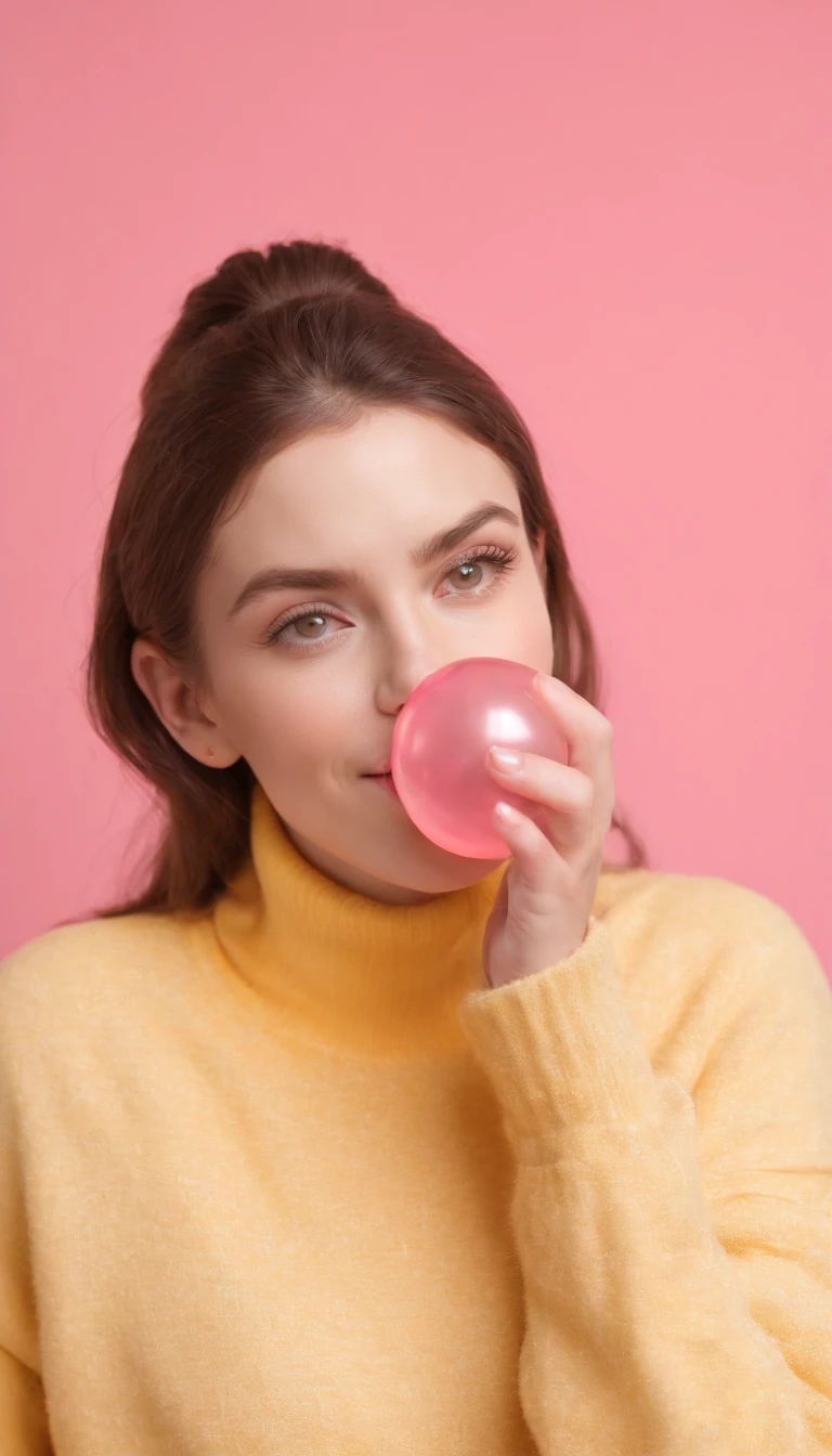 A hyperealistic photograph smiling young woman blowing bubble gum up in high heels and yellow sweater against pink background, in the style of patricia piccinini, minimalist backgrounds, flickr, loretta lux, noise photography, emotive faces, daniela uhlig, uhd photo, clean sharp focus, I can't believe how beautiful this is, HDR,upper body
