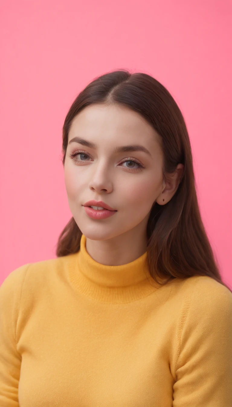 A hyperealistic photograph smiling young woman blowing bubble gum up in high heels and yellow sweater against pink background, in the style of patricia piccinini, minimalist backgrounds, flickr, loretta lux, noise photography, emotive faces, daniela uhlig, uhd photo, clean sharp focus, I can't believe how beautiful this is, HDR,upper body