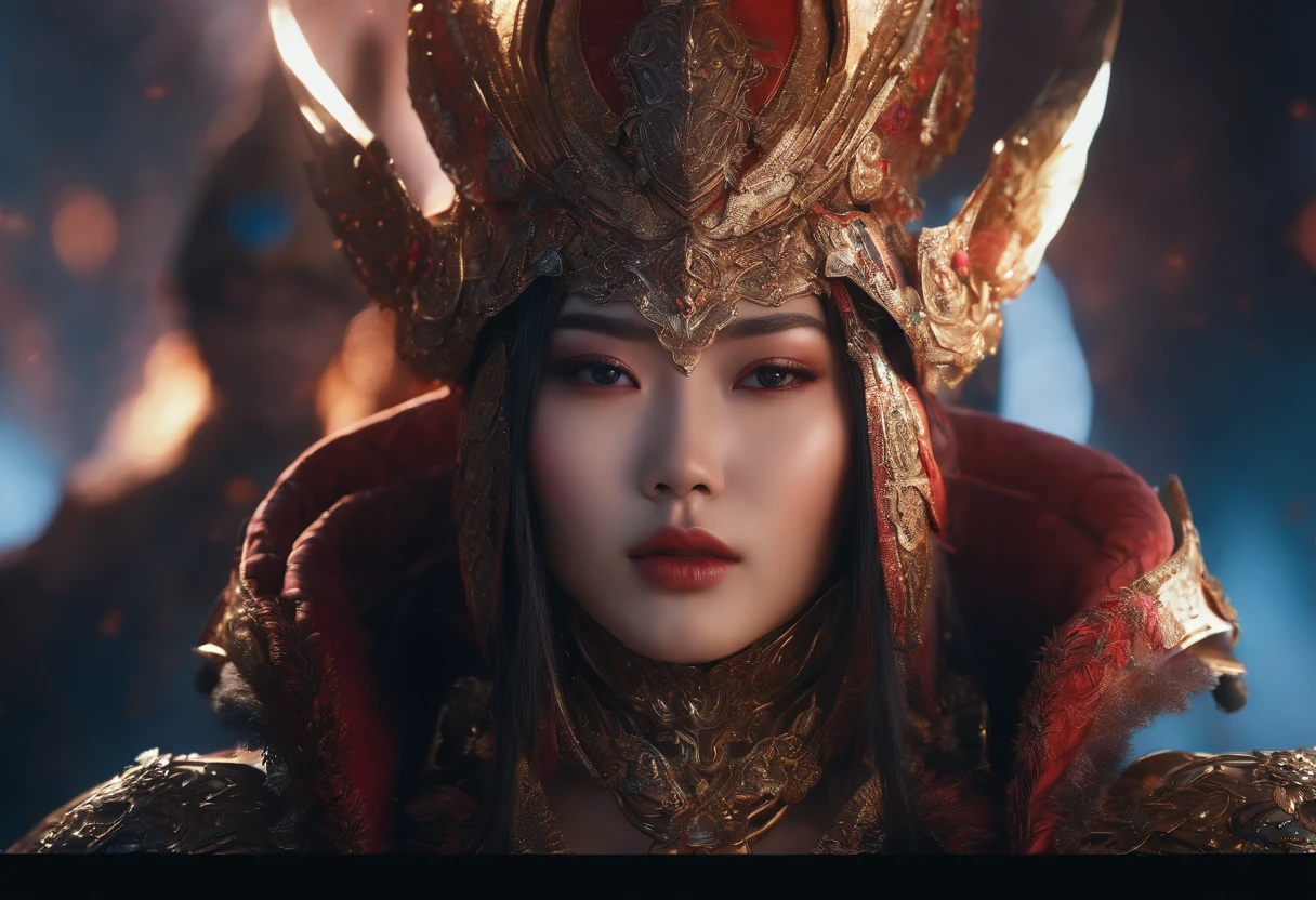 4k,Asian female,Pointed chin,Exquisite facial features, voluptuous figure, armor,Behind him is a huge army, A resolute expression, Very bright colors,Light particles, with light glowing,, UHD wallpaper