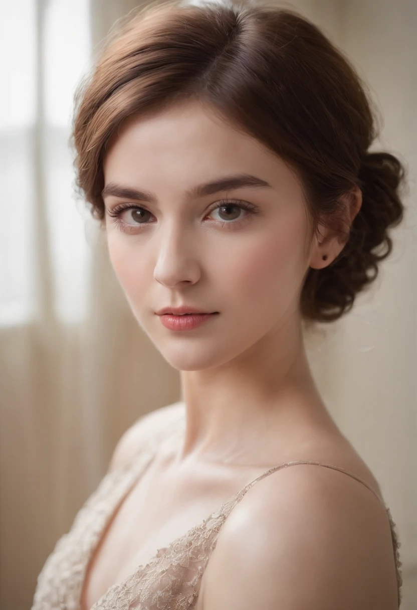 Do it in front of the table,Facing you,In a quiet room,Brown short-haired wool curly bust,HD camera,depth of fields,Delicate skin,The texture is clear,Big eyes and looks,portrait composition,Side lens,(Close-up Shot Shot:1.6),best qualtiy,f / 1 HD photography T bokeh,Depth of field macro