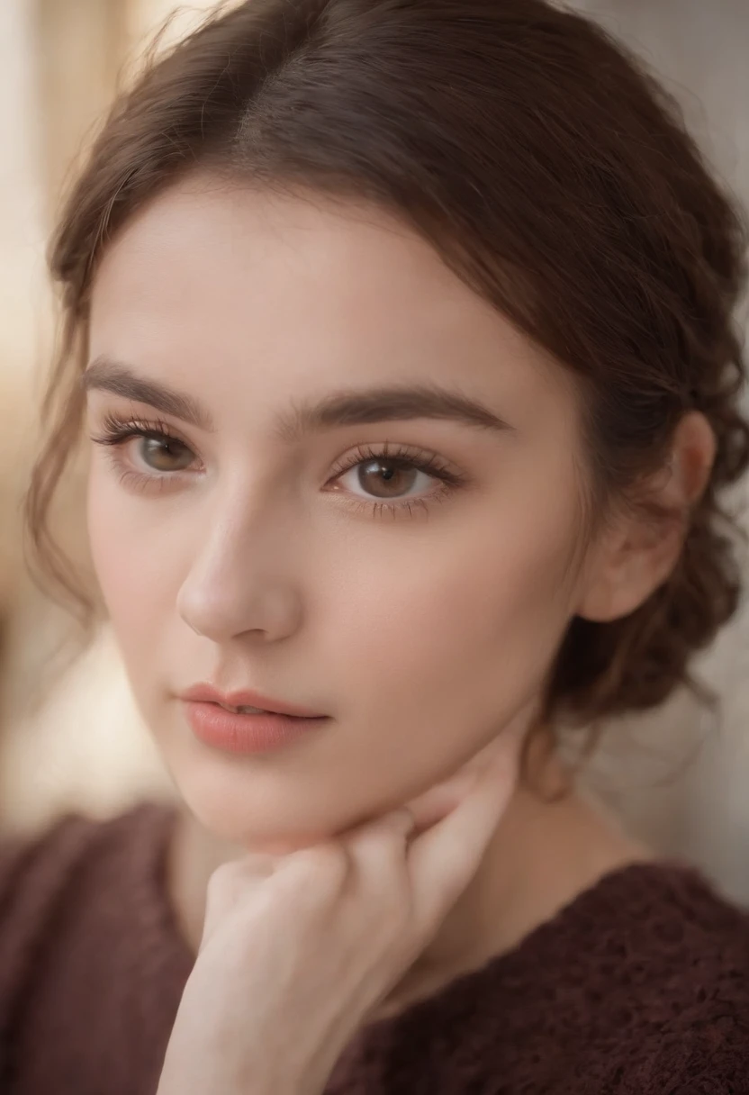Do it in front of the table,Facing you,In a quiet room,Brown short-haired wool curly bust,HD camera,depth of fields,Delicate skin,The texture is clear,Big eyes and looks,portrait composition,Side lens,(Close-up Shot Shot:1.6),best qualtiy,f / 1 HD photography T bokeh,Depth of field macro