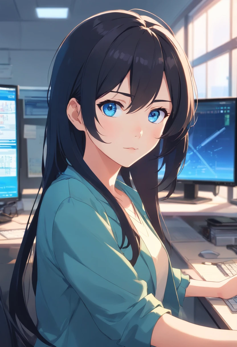Black hair, Long hair, Blue eyes,Beth,office, monitor