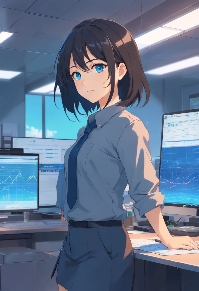 Black hair, Long hair, Blue eyes,Beth,office, monitor