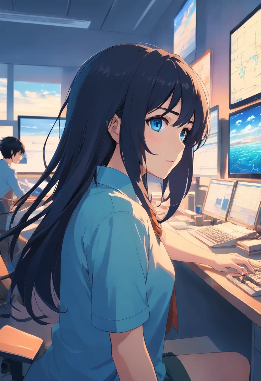 Black hair, Long hair, Blue eyes,Beth,office, monitor