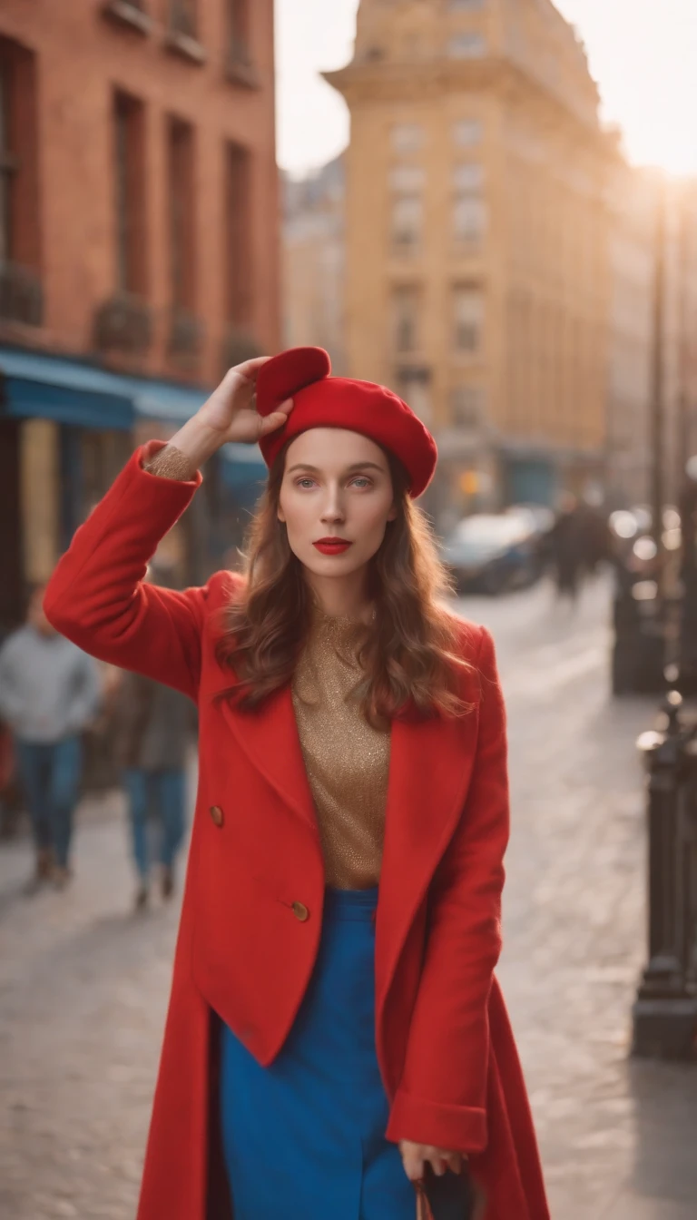 wes anderson style photo, 35mm film, girl dressed in red with blue shoes and hat, golden light, serene faces, distinctive noses, cityscape photographer
