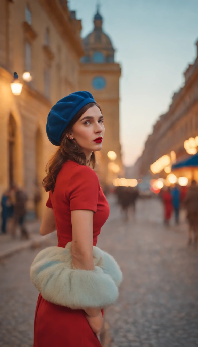 wes anderson style photo, 35mm film, girl dressed in red with blue shoes and hat, golden light, serene faces, distinctive noses, cityscape photographer