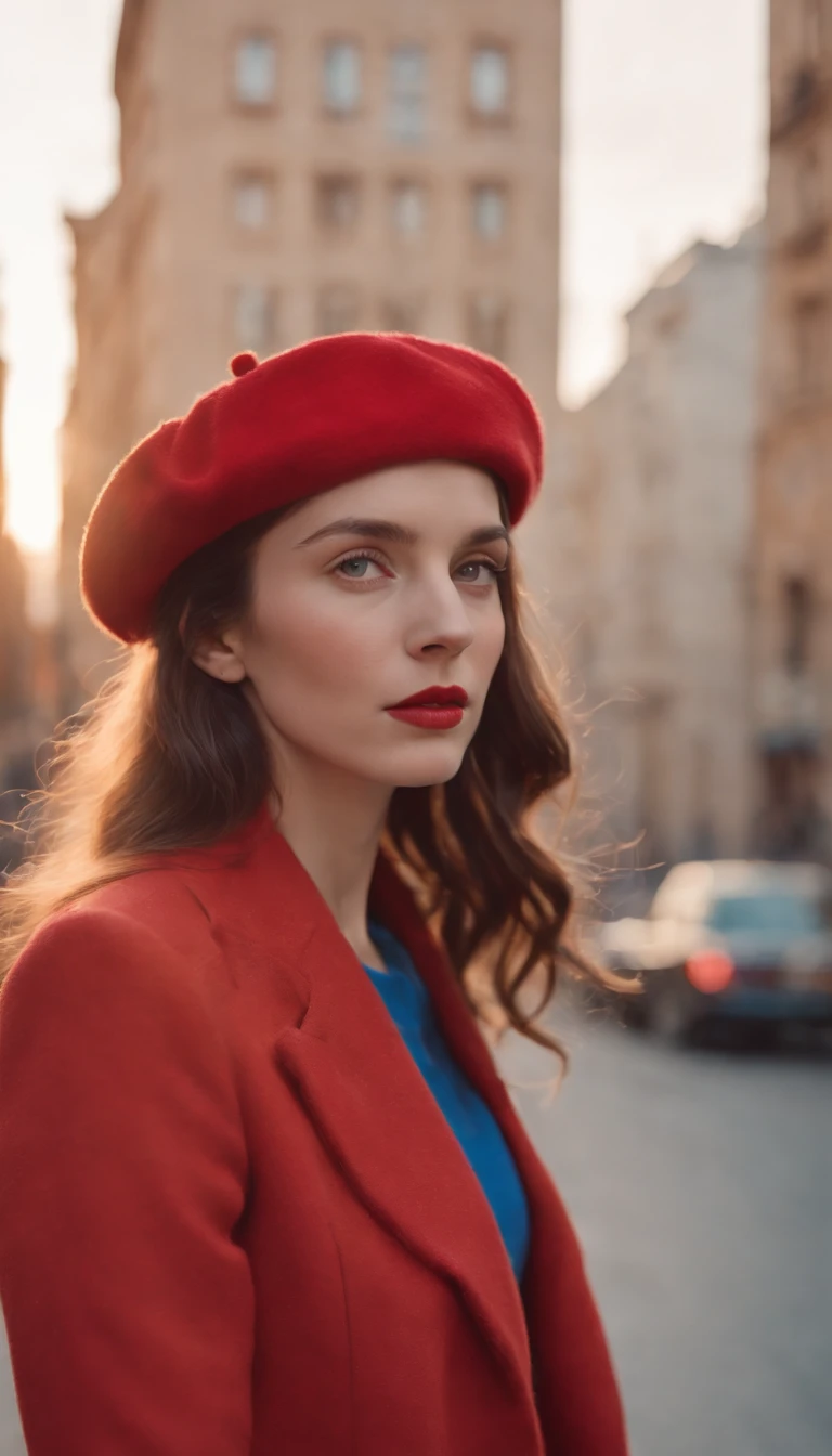 wes anderson style photo, 35mm film, girl dressed in red with blue shoes and hat, golden light, serene faces, distinctive noses, cityscape photographer