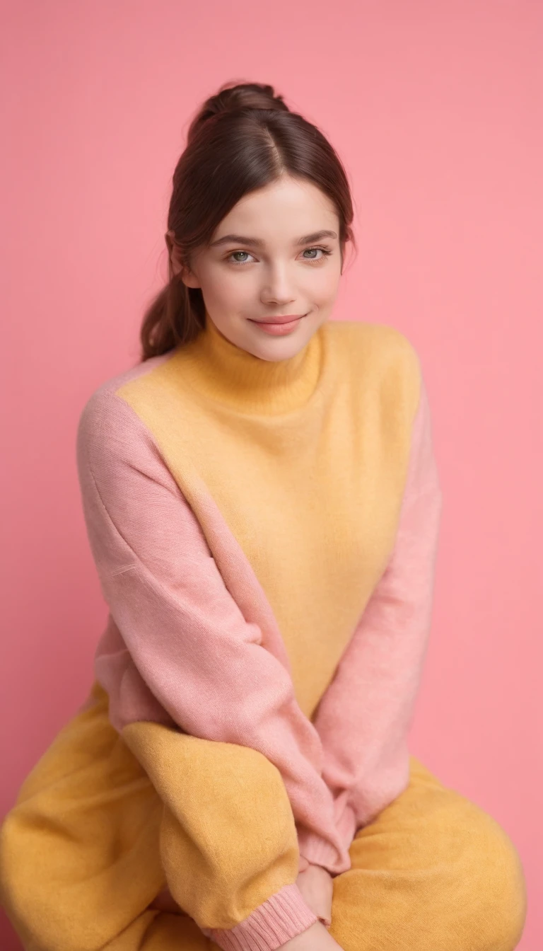 A hyperealistic photograph smiling young woman in high heels and yellow sweater against pink background, in the style of patricia piccinini, minimalist backgrounds, flickr, loretta lux, noise photography, emotive faces, daniela uhlig, uhd photo, clean sharp focus, I can't believe how beautiful this is, HDR,upper body