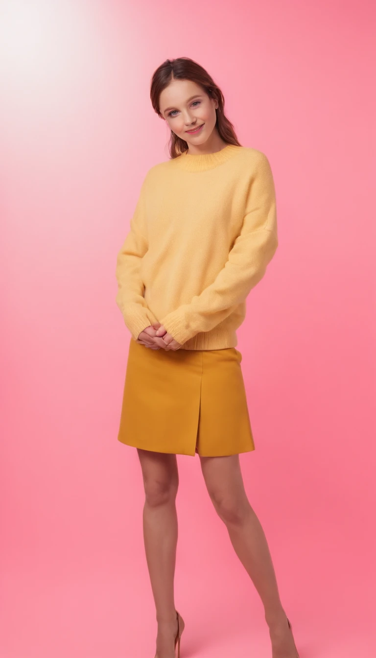 A hyperealistic photograph smiling young woman in high heels and yellow sweater against pink background, in the style of patricia piccinini, minimalist backgrounds, flickr, loretta lux, noise photography, emotive faces, daniela uhlig, uhd photo, clean sharp focus, I can't believe how beautiful this is, HDR,upper body
