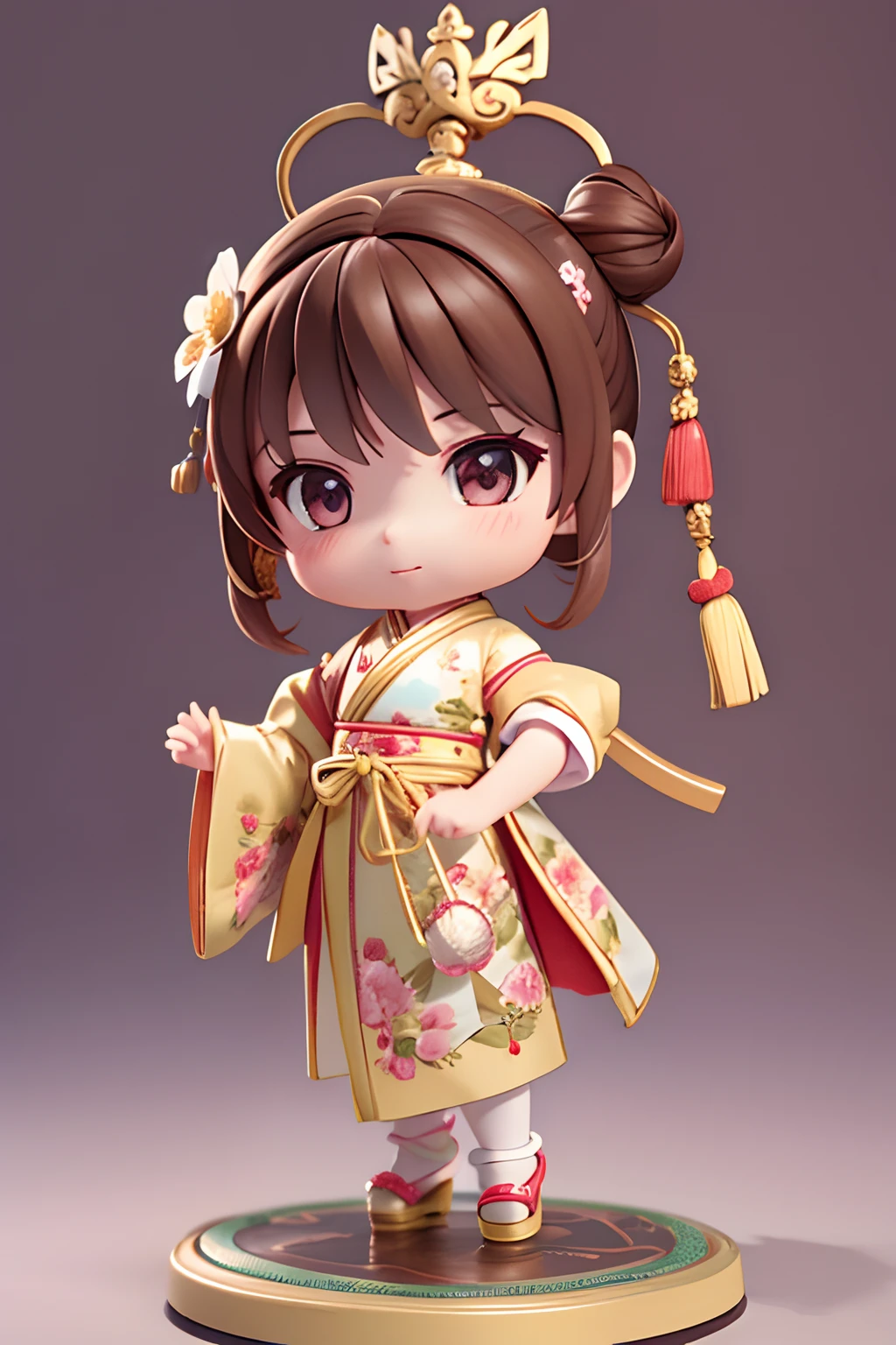 a super cute little girl IP by POP mart, chibi, brown hair, a bun, flower inlay on forehead, holding an open book, tassel decoration, chinoiserie, chinese clothes, cute pose, with sparkling eyes best qulity, clay material, full body, clean background,... studio light, ultra-detail, 3d, c4dblender, oc renderer, ultra hd, 3d rendering, model, blind box toy, smooth and detailed, clean background, 3d rendering, extreme detail, 8k, extreme clarity, highly sharpened, ray tracing, particle effects, studio lighting, the Rembrandt effect, HD quality, HD colour contrast