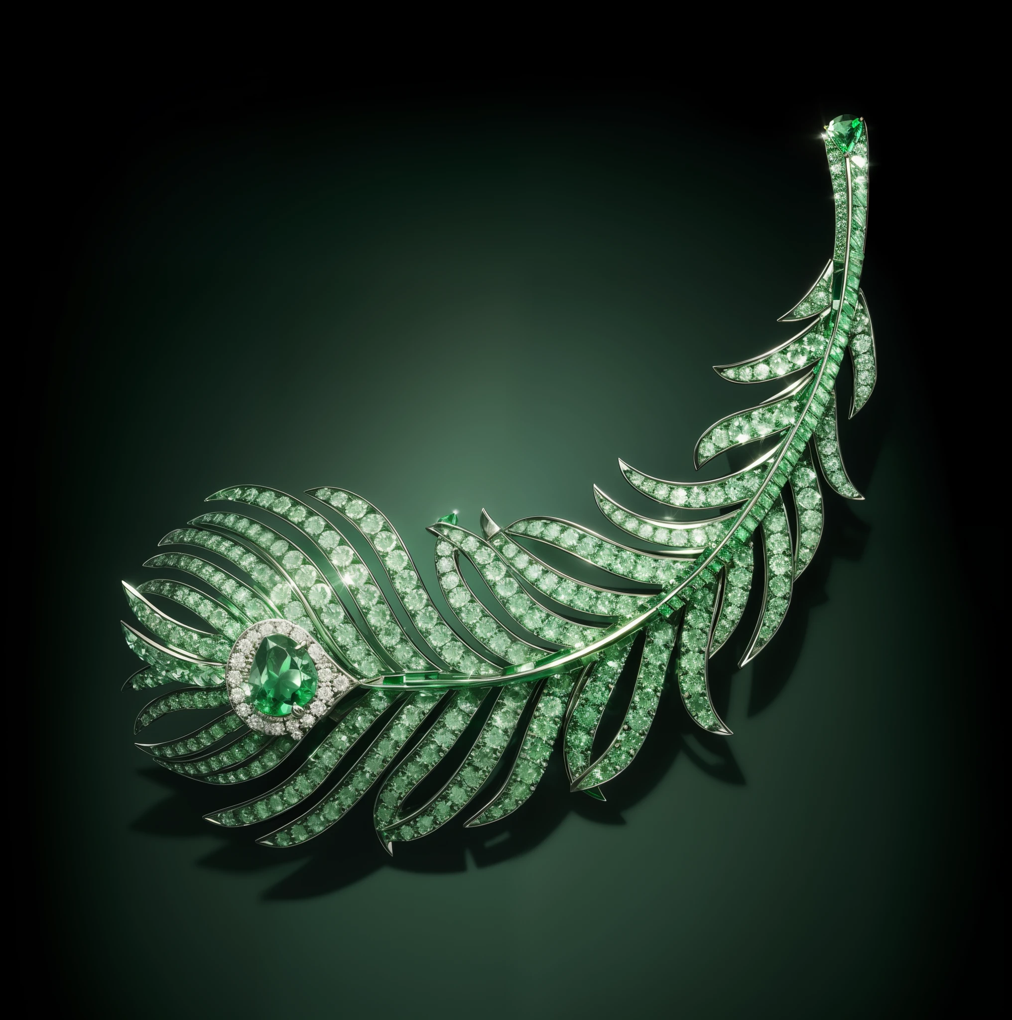 Pear cut emerald feather brooch，Set with green tsavorite、Diamond，Color titanium process，White background image，photography of