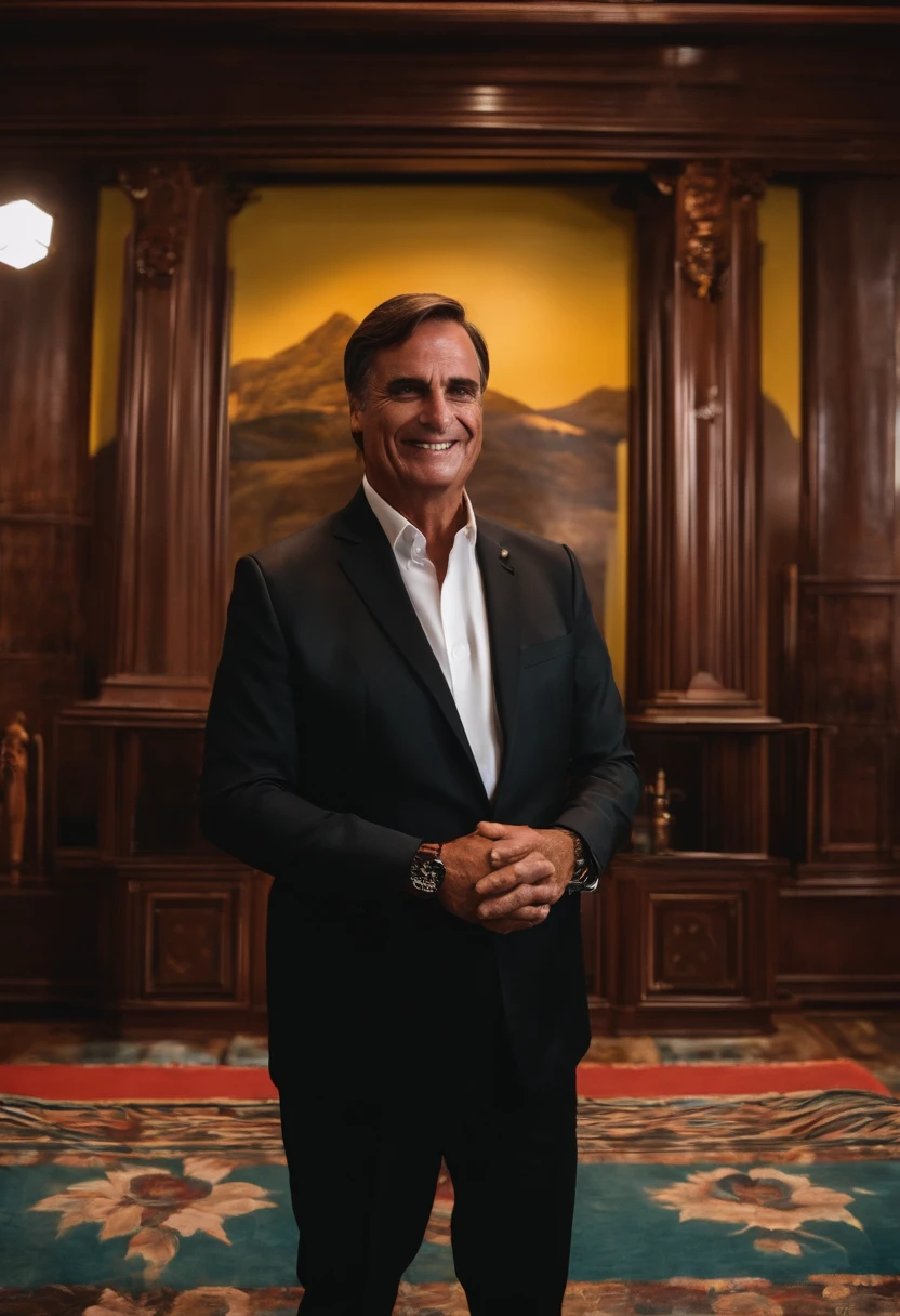 Bolsonaro flamejante, de terno preto, rindo