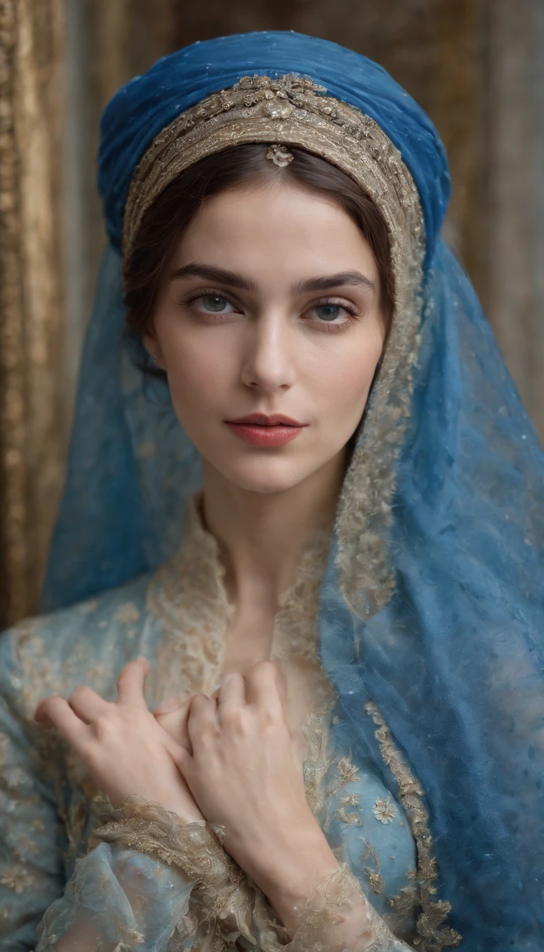 woman in blue hat, in the style of detailed atmospheric portraits, wet-on-wet blending, dusseldorf school of photography, ottoman art, realistic marine paintings, dotted, pre-raphaelitism,upper body