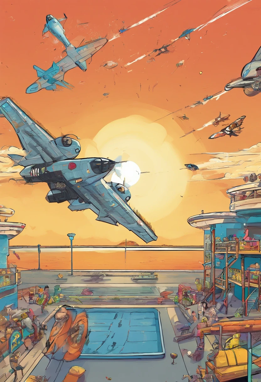 Sunny,Look up on the playground,There are satellites, fighter jets, and aircraft carriers