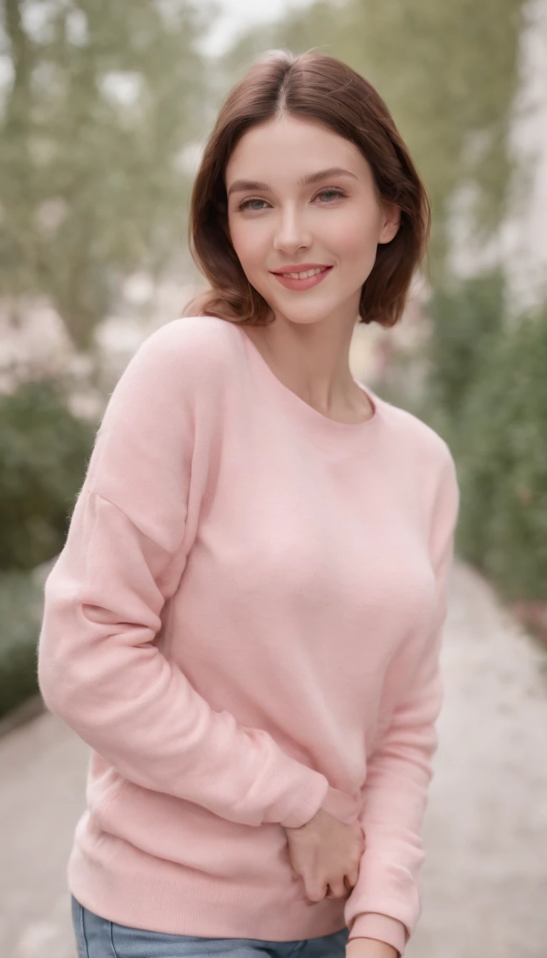 A hyperealistic photograph smiling young woman  in high heels and yellow sweater against pink background, in the style of patricia piccinini, minimalist backgrounds, flickr, loretta lux, noise photography, emotive faces, daniela uhlig, uhd photo, clean sharp focus, I can't believe how beautiful this is, HDR,upper body
