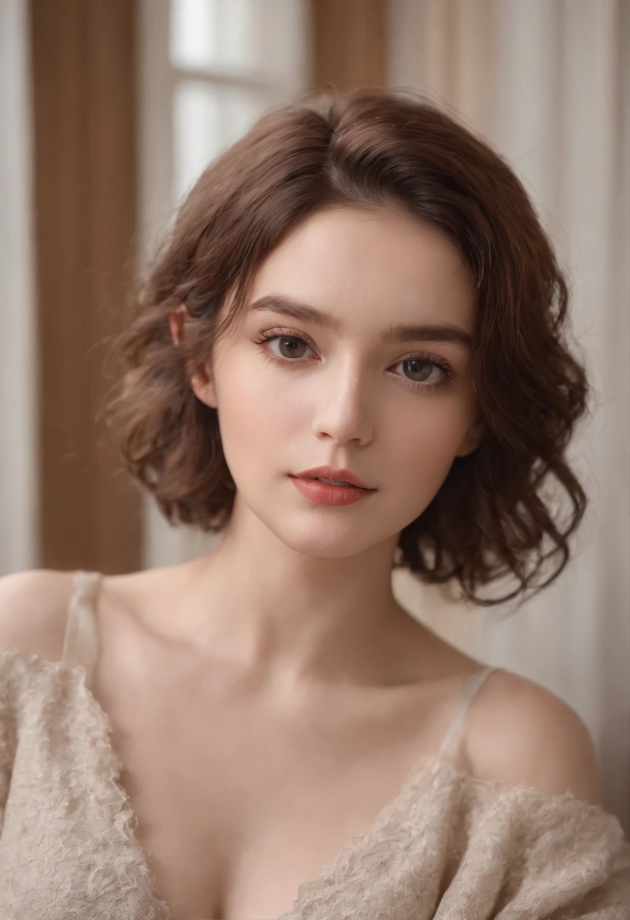 Seat on the table，Facing you，In quiet room，Brown short-haired wool curly bust，HD camera，depth of fields，Delicate skin，The texture is clear，Big eyes and looks，portrait composition，Side lens，（Close-up Shot Shot：1.6），best qualtiy，f / 1 HD photography T bokeh，Depth of field macro