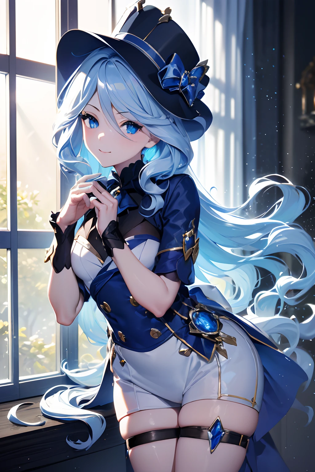 (a girl,anime girl) wearing a hat and a blue dress, (wallpaper,illustration,fine art:pencil:1.1,anime:muted) with (soft,blurred,flowing,rippling) blue water (in the background,as a motif). The girl has (large,expressive:1.1) eyes, (small,delicate) lips, and a (cheerful,contemplative:dreamy) expression on her face. She has (long,flowing:silver) hair gently (blowing in the wind, framing her face) and (long,tapered:detailed) eyelashes. The scene is (brightly lit:warmly lit) with (soft,natural:sunlight) streaming through the window, casting (subtle,gentle) shadows on the girl's face and the surrounding area. The overall image is of (high quality,4k:1.2,ultra-detailed,realistic) (anime,illustration) artwork, with (vibrant,vivid) colors and (shading,blending:1.1).