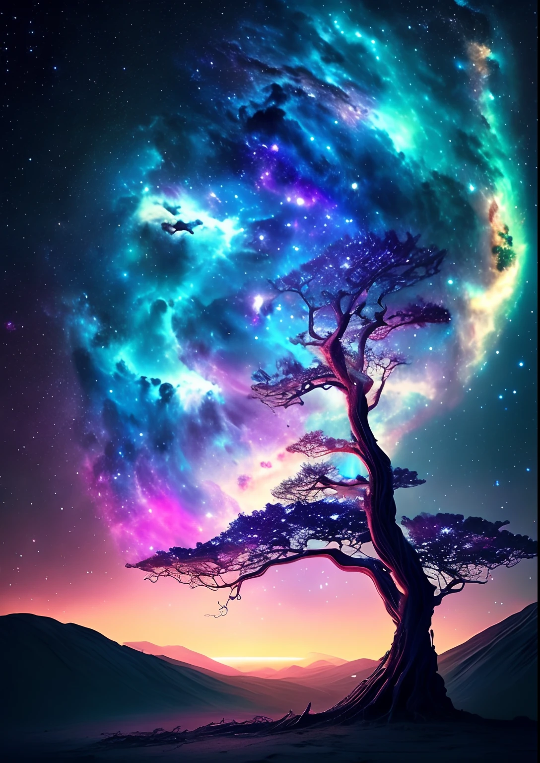dreamlikeart, galaxy, outer space, nebula, star, [cyberpunked] Tree from the Stars (star:1.5),