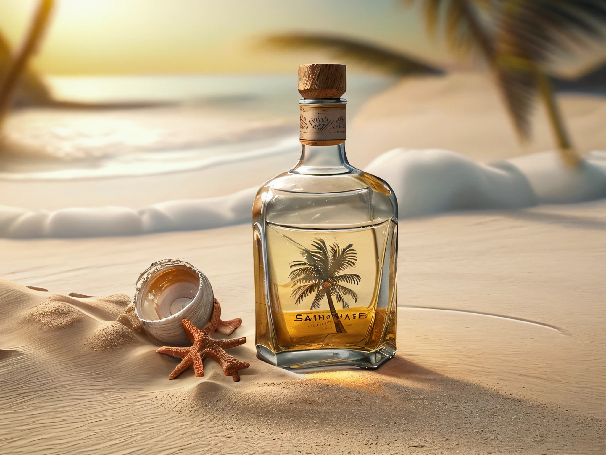 a photorealistic wide angle shotpicture of an empty bottle of an expensive Whiskey buried  (best details, Masterpiece, best quality :1.5) in the sands of an island, a lone palm tree, skeleton hand near the bottle  (best details, Masterpiece, best quality :1.5), sandy beach, sea shells spread  wavy sea background, best realistic, best details, best quality, 16k, [ultra detailed], masterpiece, best quality, (extremely detailed), ultra wide shot, photorealism, depth of field, hyper realistic painting, 3d rendering