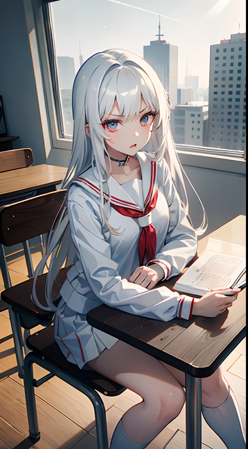 1 girl 19 years old, white long hair, red eyes, extreme eyes detail, beautiful eyes, angry eyes, angry face, wearing a white Japanese school uniform, wearing a short white skirt, white thigh socks, black clogs, both hands slammed on the table, angry feelings, classroom, classroom window, tables and chairs, detailed furniture, from the front, extremely detailed, best graphics, 8k, ultrasharp, masterpiece