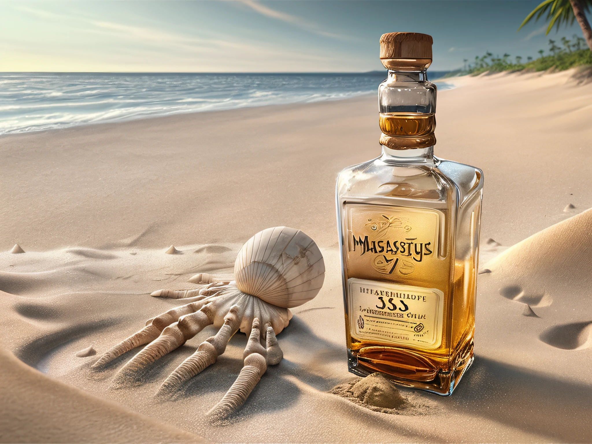 a photorealistic wide angle shotpicture of an empty bottle of an expensive Whiskey buried  (best details, Masterpiece, best quality :1.5) in the sands of an island, a lone palm tree, skeleton hand near the bottle  (best details, Masterpiece, best quality :1.5), sandy beach, sea shells spread  wavy sea background, best realistic, best details, best quality, 16k, [ultra detailed], masterpiece, best quality, (extremely detailed), ultra wide shot, photorealism, depth of field, hyper realistic painting, 3d rendering