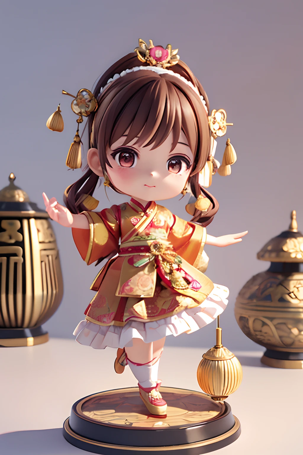 a super cute little girl IP by POP mart, chibi, Chinese Peking Opera elements, with one bun of hair tied, brown hair, flower tin on forehead, holding an open book, tassel decoration, Chinese style, Chinese clothes, cute pose, with sparkling eyes best qulity, clay material, full body, clean background, studio light, ultra-detail, 3D, C4DBlender, OC renderer, ultra HD, 3D rendering, model, blind box toy, smooth and delicate, clean background, 3D rendering, extreme detail, 8k, extreme clarity, high sharpening, ray tracing, particle effects, studio lighting, Rembrandt effect, HD quality, HD colour contrast