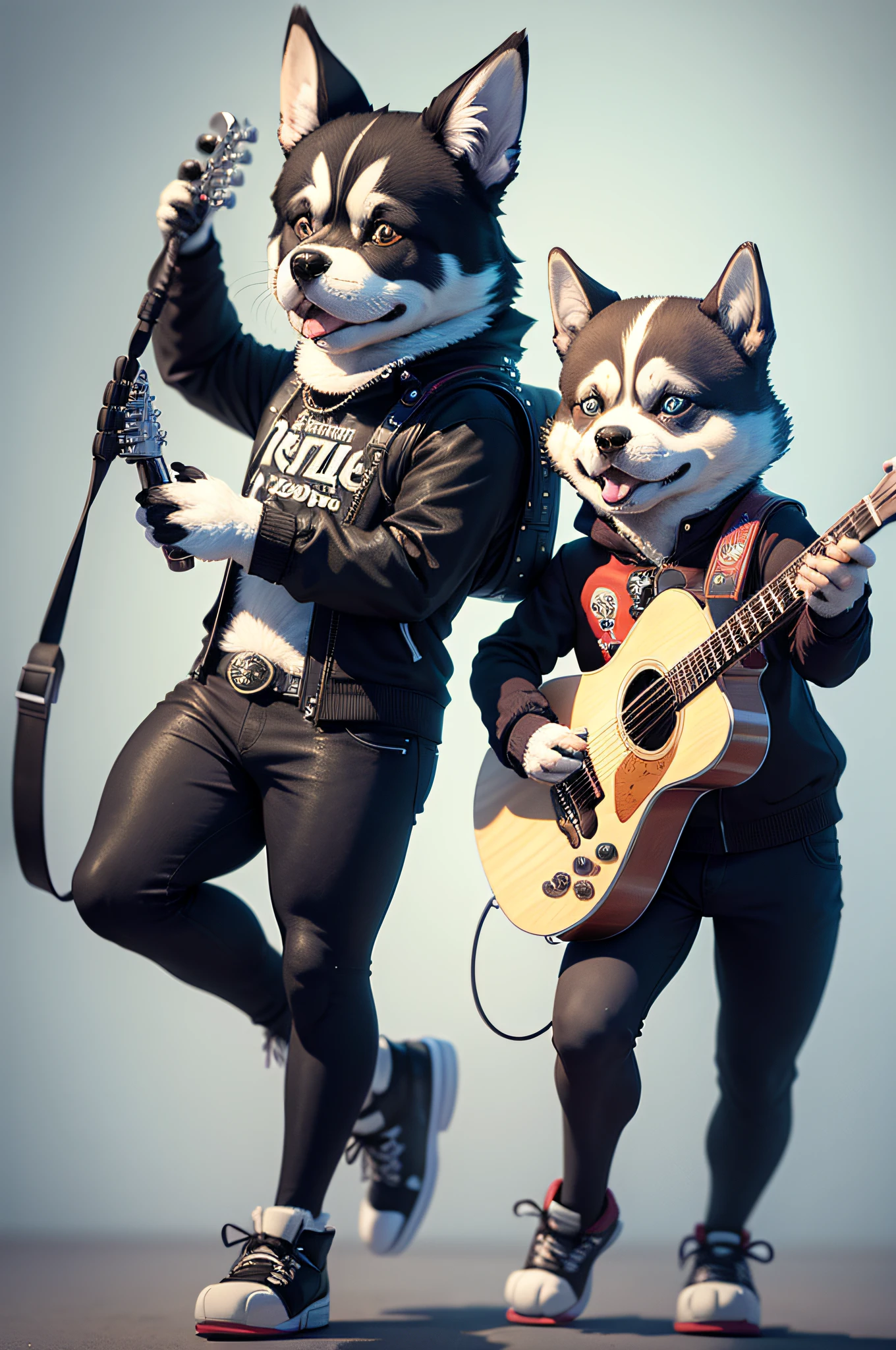 Rock puppy,Rock music,DJ,Huskies,anthropomorphic turtle,standing on your feet,Sway,Dance, Carrying a guitar on his back