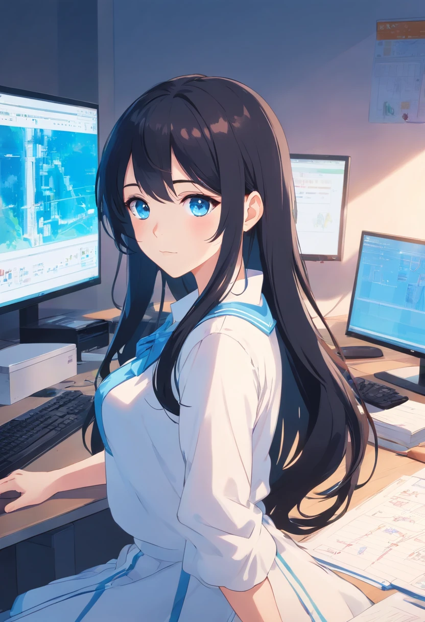 Black hair, Long hair, Blue eyes，White Lolita,  office, monitor