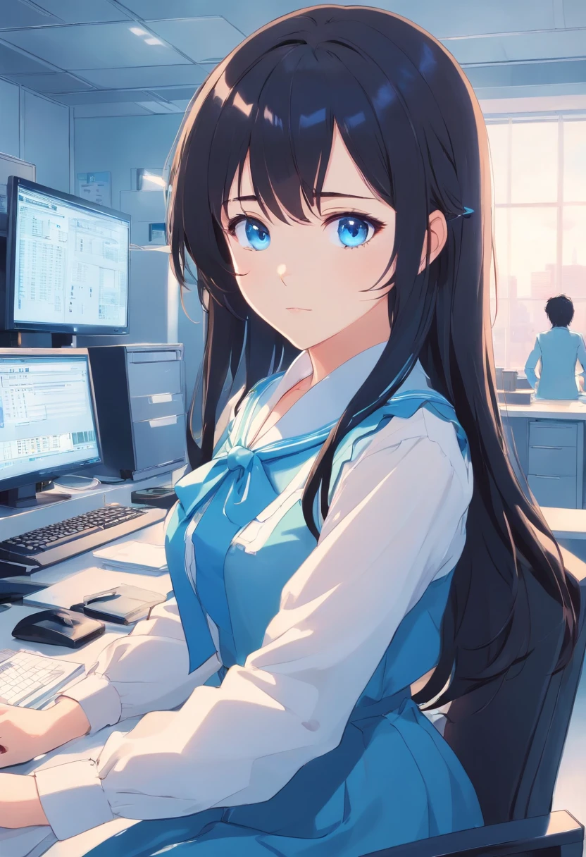 Black hair, Long hair, Blue eyes,White Lolita, office, monitor