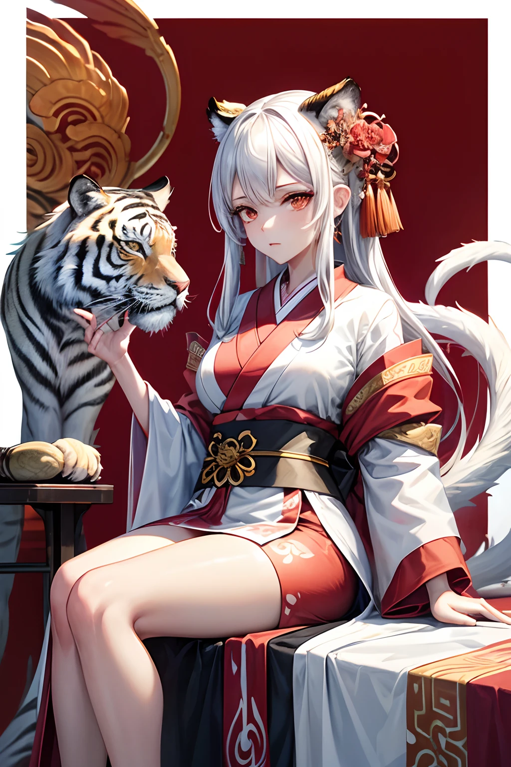 (Splash Art), (masutepiece ,Best Quality:1.2), 1girl in, Sitting on the clouds, Detailed face, strong facial expression, White hair, colourfull, Red and white Chinese style kimono、Longer dress, Precision Line, Large-scale muralists, manticore, Tiger and White Tiger, Red Phoenix
