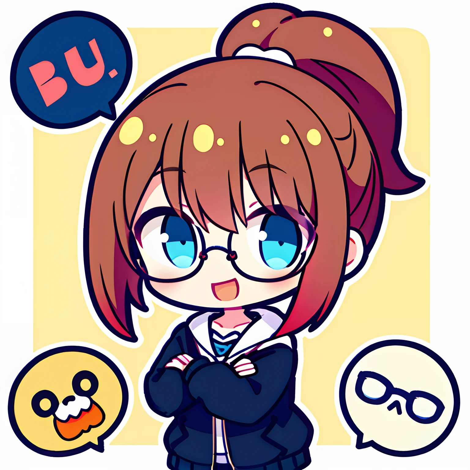 1girll,tchibi,Buffy,mano,V logo,beckon,cheerfulness,Love you,Single ponytail,brown hair,blue color eyes,black-frame glasses,Gradient hair color,Manteau blanc