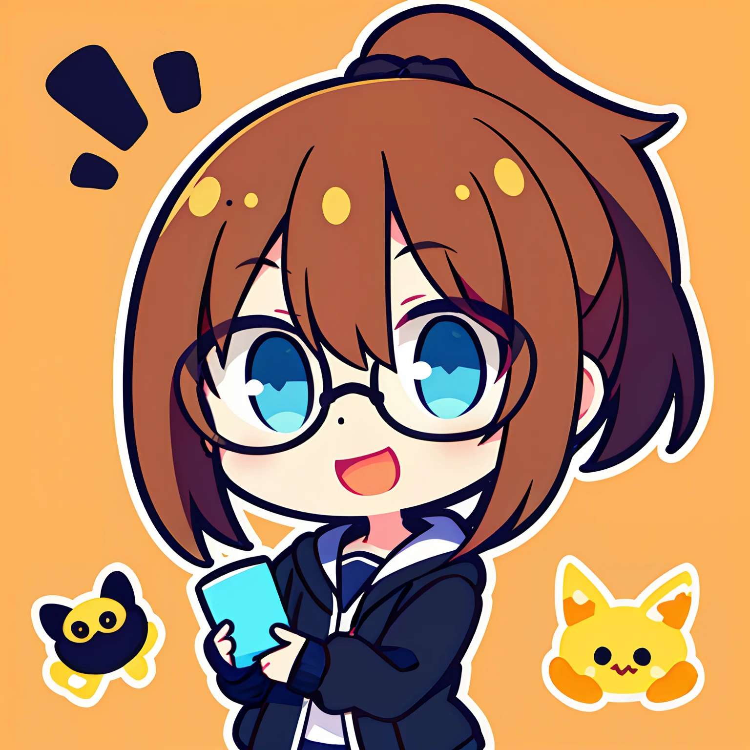 1girll,tchibi,Buffy,mano,V logo,beckon,cheerfulness,Love you,Single ponytail,brown hair,blue color eyes,black-frame glasses,Gradient hair color,Manteau blanc