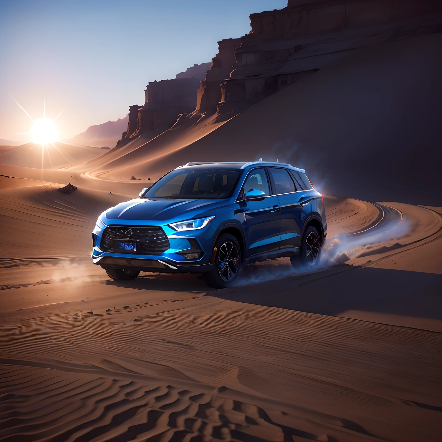 The new Blue Song PLUS sails through the sands of the desert、dramatic shadow、Dynamic still life、The car is from different angles、Glitter and shiny、High Horizon、Richly textured surface、Orientalist imagery、vignetting、Innovative technology