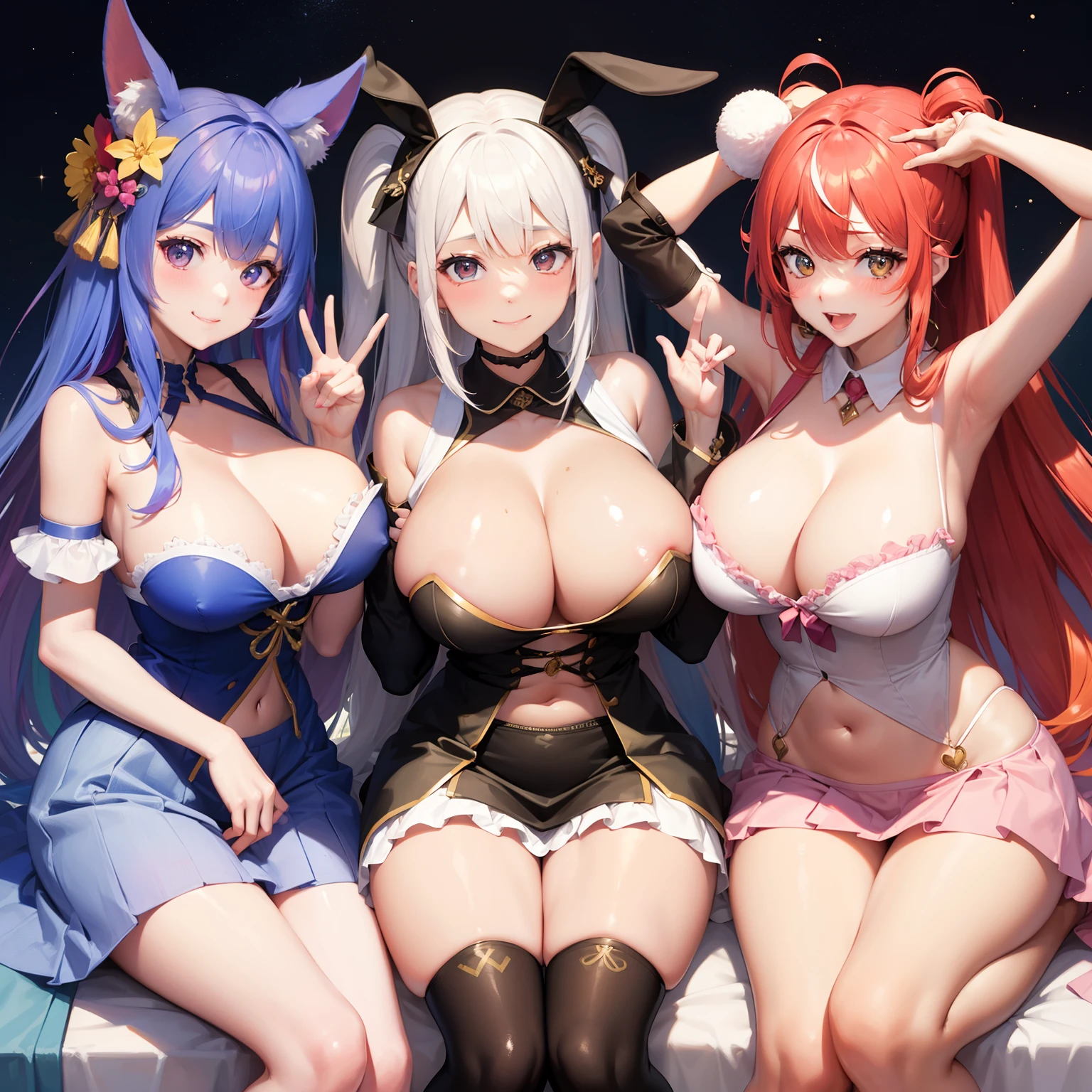 harems、Multiple girls are depicted、multicolored hair、huge tit、Beautiful Girls、top-quality、a smile、Beautiful Girls、masterpiece、HD Images、hiquality、Happy Girls、A perfectly trimmed face、
