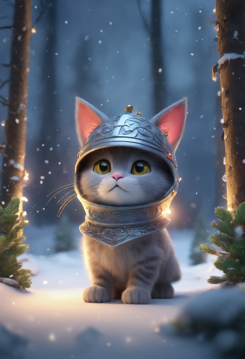 Super cute grey cat wearing a viking helmet in the forest, high detail, winter, night time, falling_snow, snowing, fairy lights, blind box, 3d model