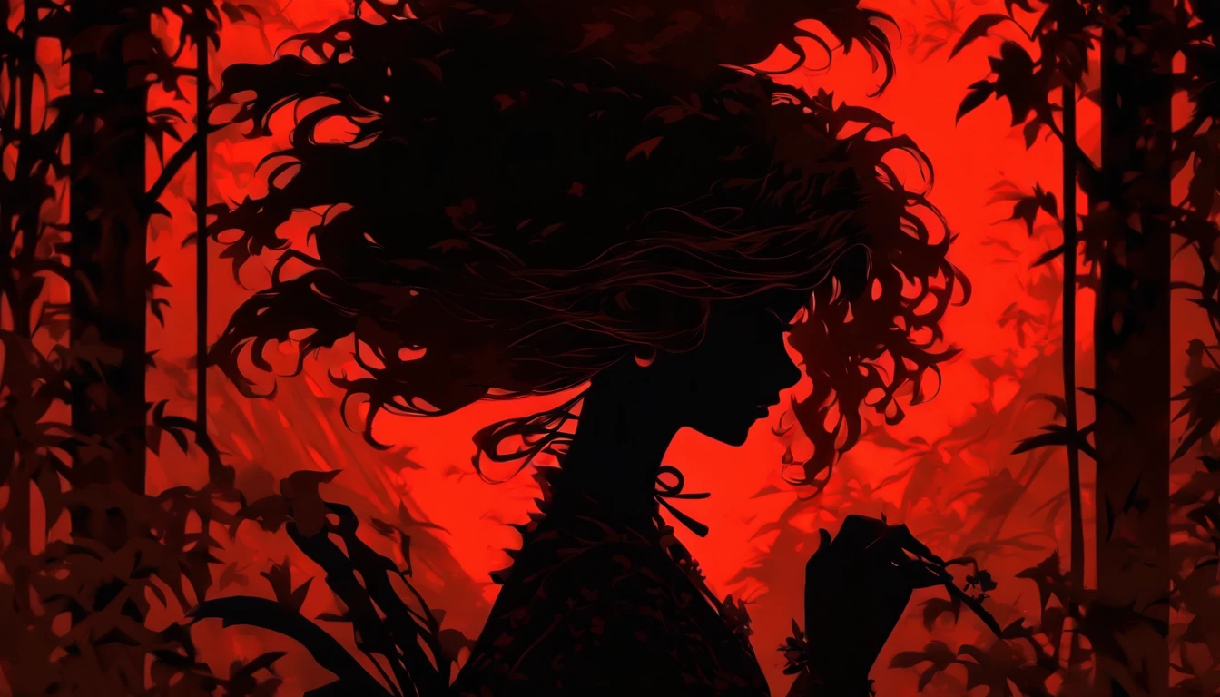 (Silhouette Art,cutouts:1.6)
(((Paper cutting art,A world where only black exists:1.3)

(Cowboy Shot),1 girl,Solo,
(Girl dressed as a witch,profile:1.2),white, Clear and beautiful face,Sunrise behind

break
(Red lily flowers)
Textured glass background,Arcana World