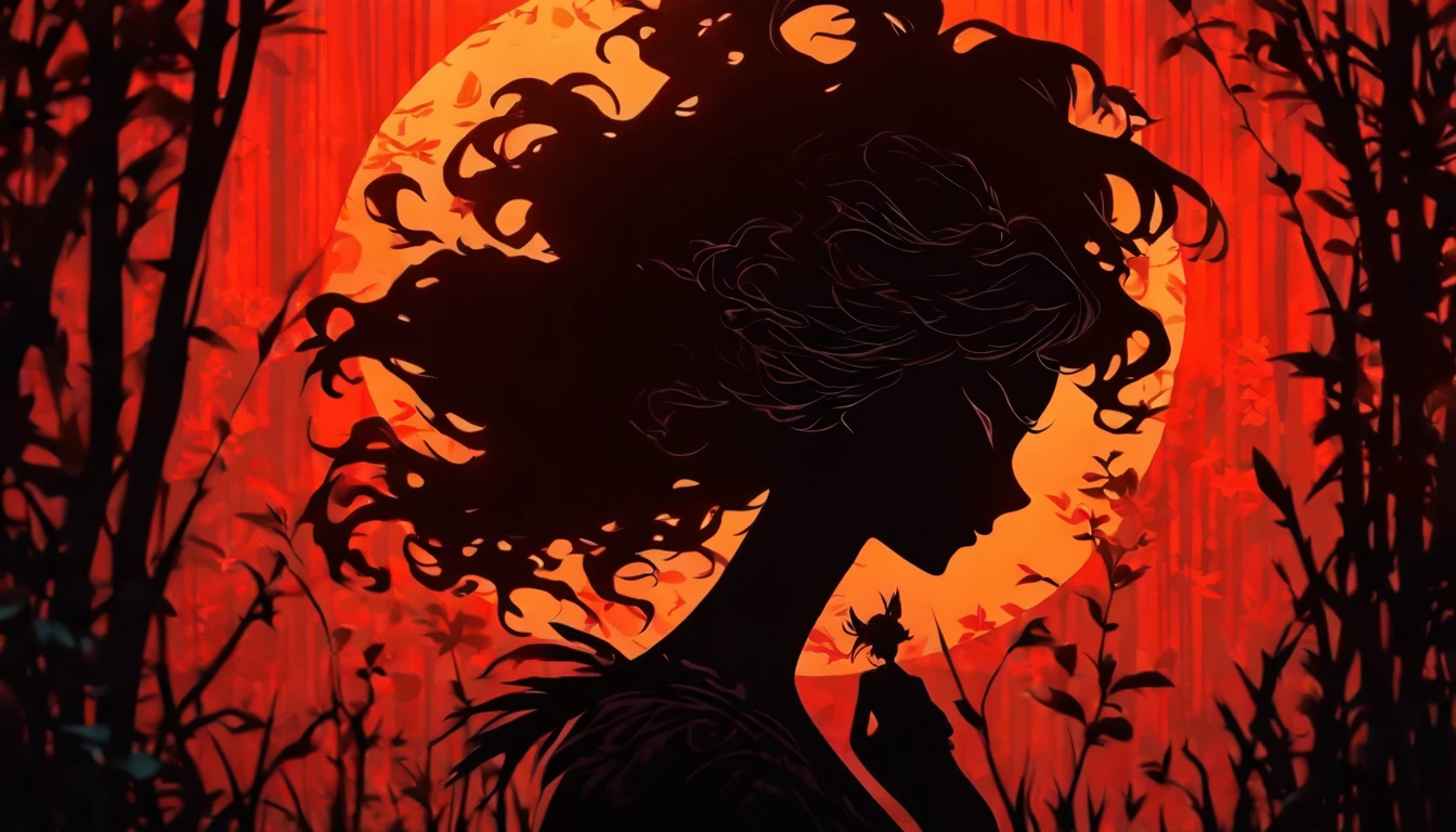 (Silhouette Art,cutouts:1.6)
(((Paper cutting art,A world where only black exists:1.3)
(Cowboy Shot),1 girl,Solo,
(Girl dressed as a witch,profile:1.2),white, Clear and beautiful face,Sunrise behind
break
(Red lily flowers)
Textured glass background,Arcana World