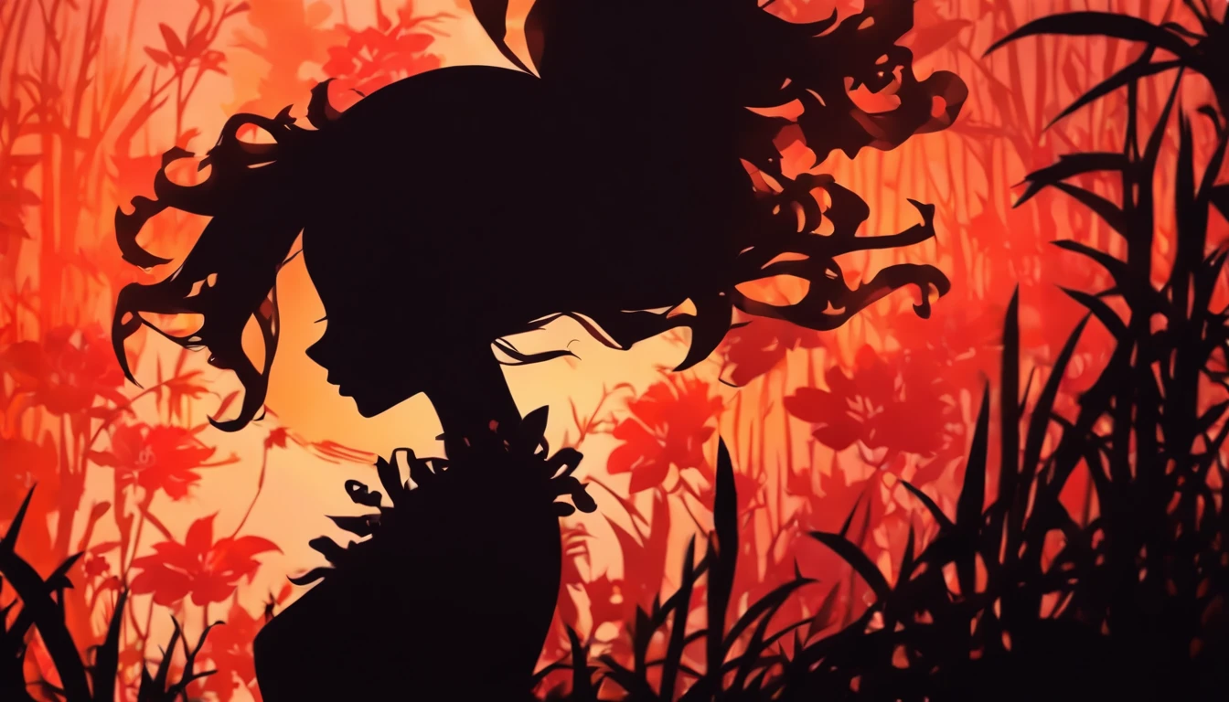 (Silhouette Art,cutouts:1.6)
(((Paper cutting art,A world where only black exists:1.3)
(Cowboy Shot),1 girl,Solo,
(Girl dressed as a witch,profile:1.2),white, Clear and beautiful face,Sunrise behind
break
(Red lily flowers)
Textured glass background,Arcana World