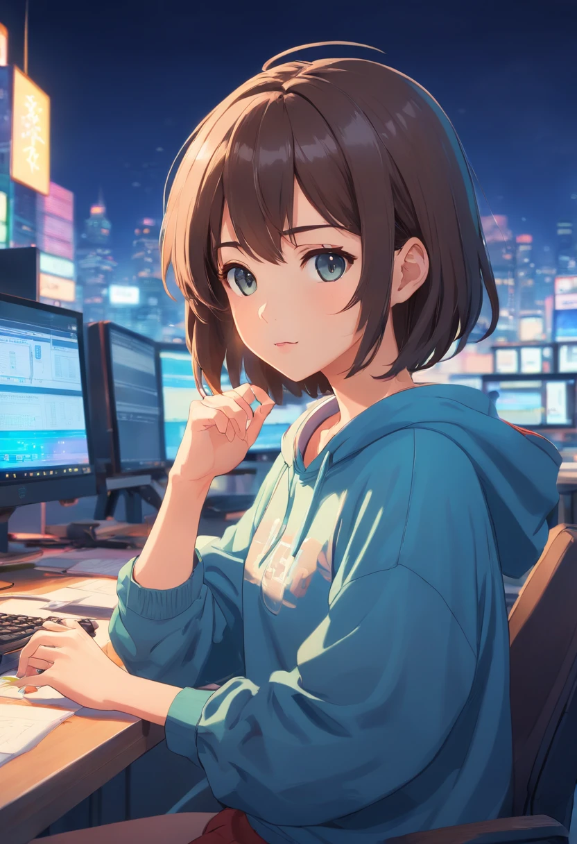 masterpiece,Highest Quality,(Darkened photos:1,realisitic,1Girl,Flatbang,Stunning innocent symmetrical face,sweatshirt,sensitivity,Erchan,(pureerosface_v1:0.7), 27 years old, office, a desk, computers