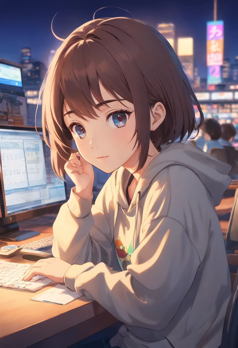 ​masterpiece,Highest Quality,(Darkened photos:1,realisitic,1Girl,Flatbang,Stunning innocent symmetrical face,sweatshirt,sensitivity,Erchan,(pureerosface_v1:0.7), 27 years old, office, a desk, computers
