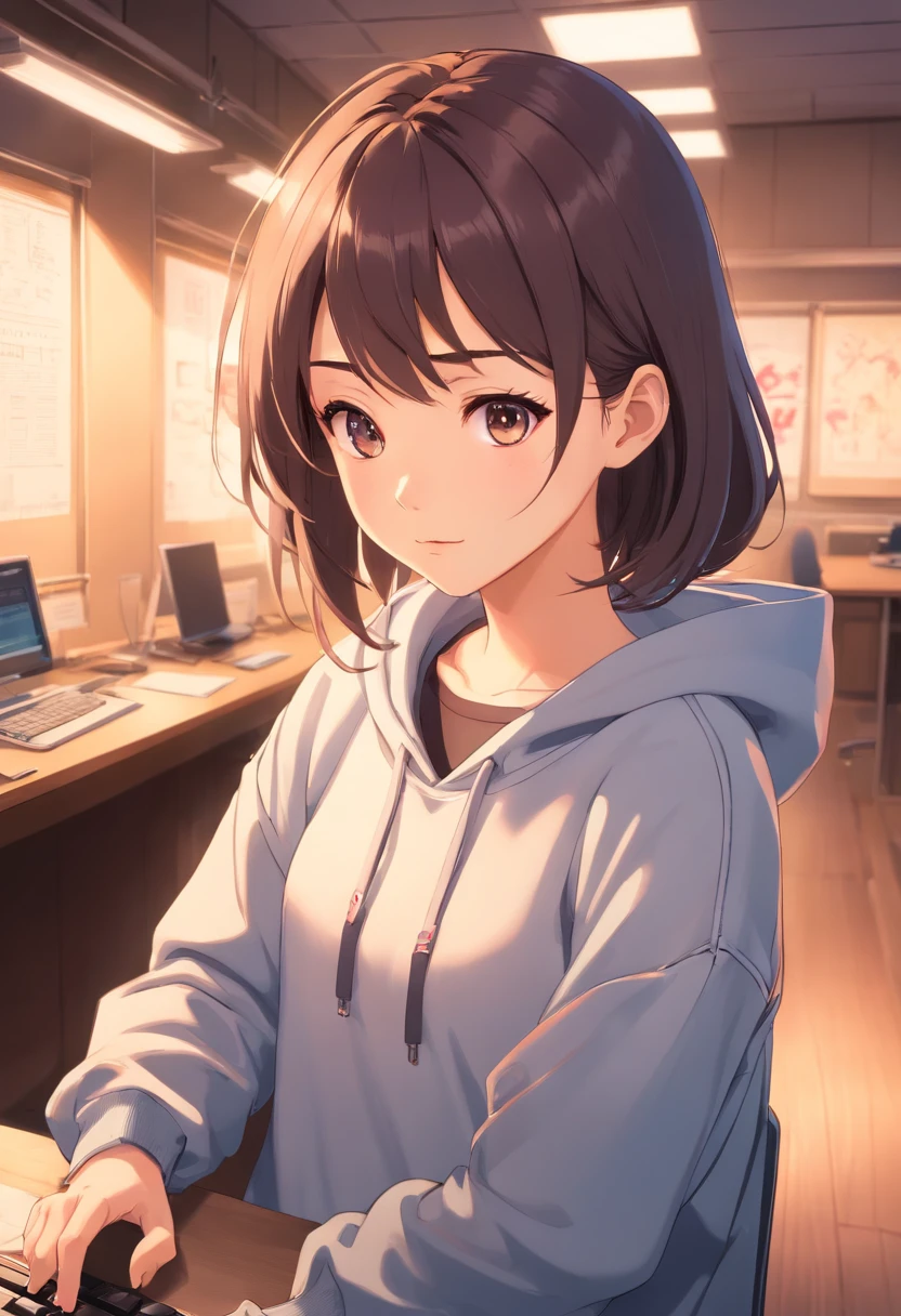 ​masterpiece,Highest Quality,(Darkened photos:1,realisitic,1Girl,Flatbang,Stunning innocent symmetrical face,sweatshirt,sensitivity,Erchan,(pureerosface_v1:0.7), 27 years old, office, a desk, computers